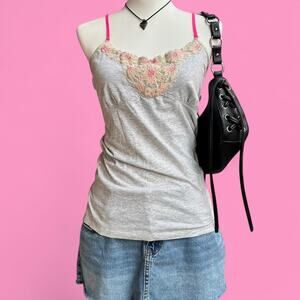 Vintage floral embroidered grey and pink lace cami top